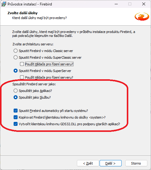 Nastavení při instalaci Firebird